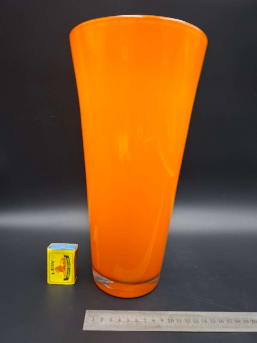 Retro Orange - Tall Conical Glass Vase with White Inner and Thick Clear Solid Base