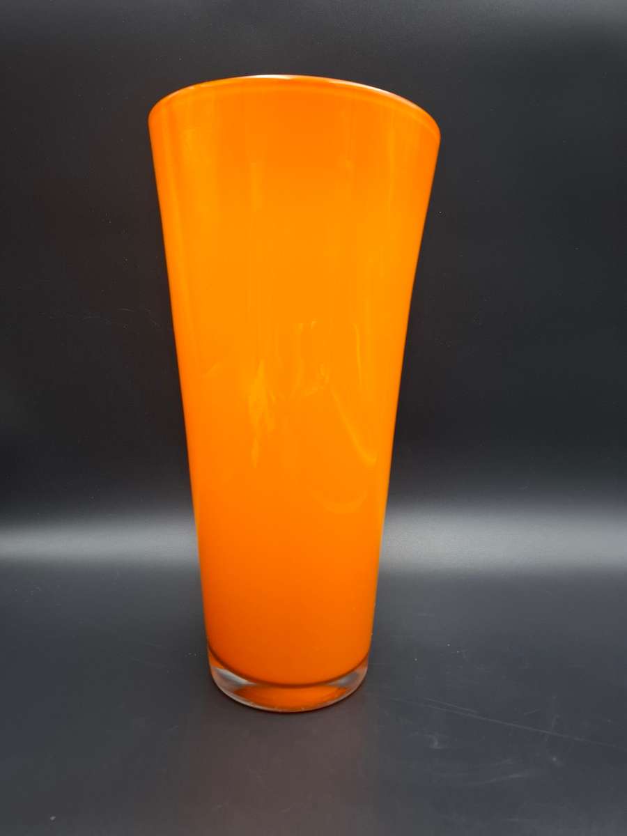 Retro Orange - Tall Conical Glass Vase with White Inner and Thick Clear Solid Base