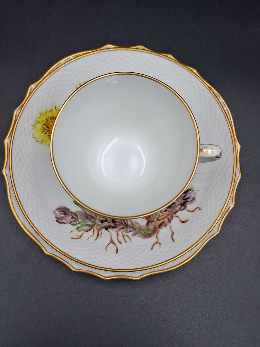 Vintage Royal Copenhagen Yellow Flora Danica Hand-Painted Trio with Gilded Rim