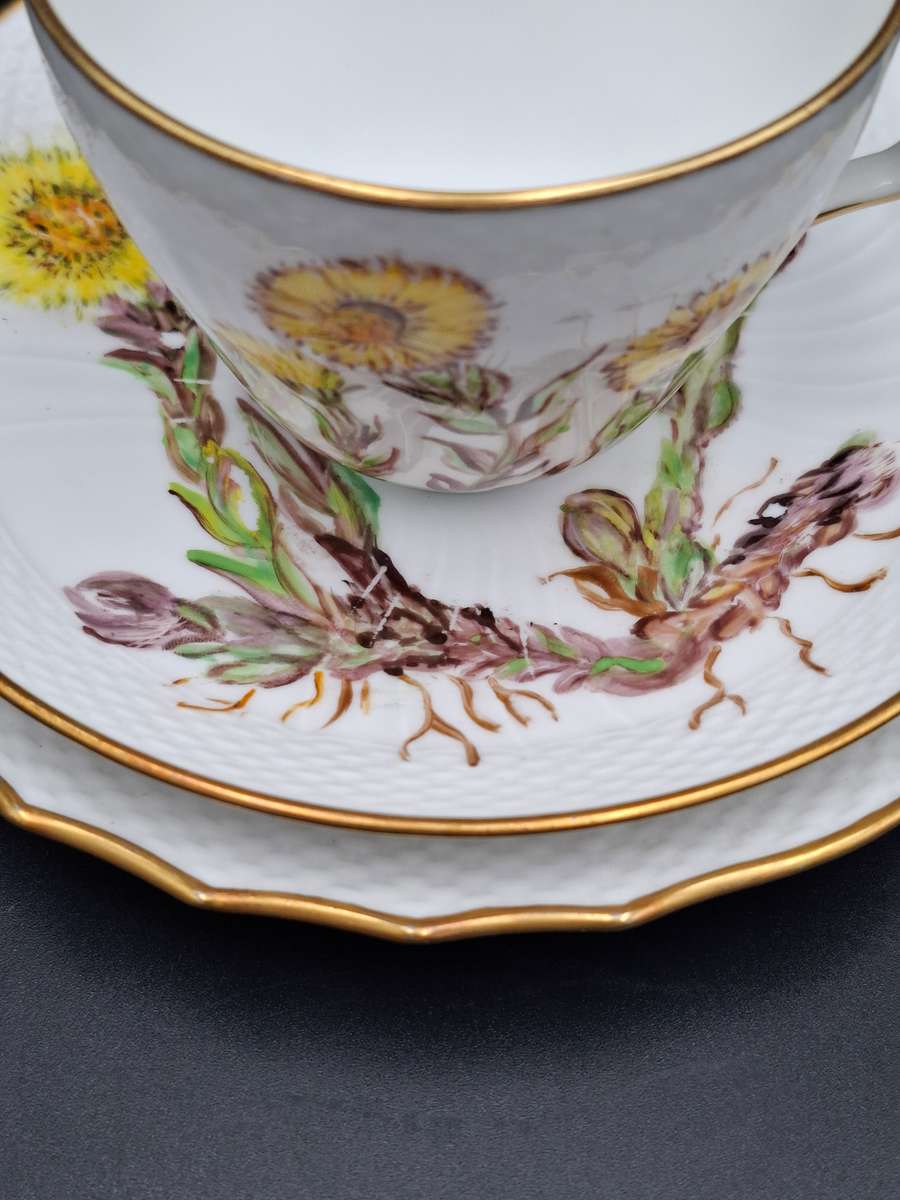 Vintage Royal Copenhagen Yellow Flora Danica Hand-Painted Trio with Gilded Rim