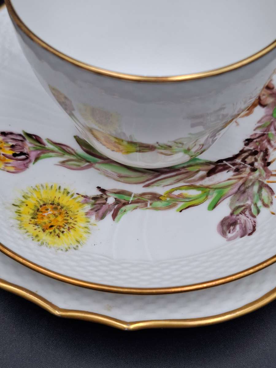 Vintage Royal Copenhagen Yellow Flora Danica Hand-Painted Trio with Gilded Rim