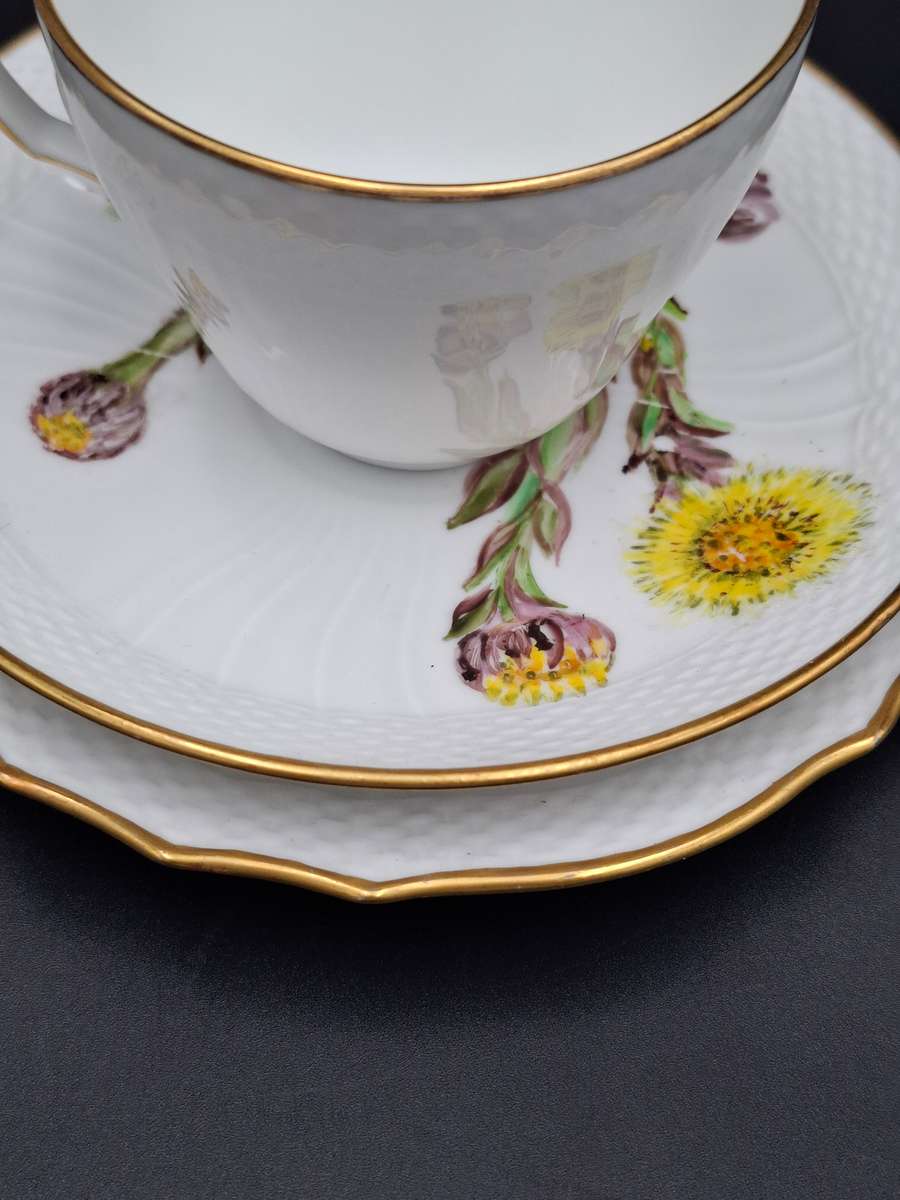 Vintage Royal Copenhagen Yellow Flora Danica Hand-Painted Trio with Gilded Rim