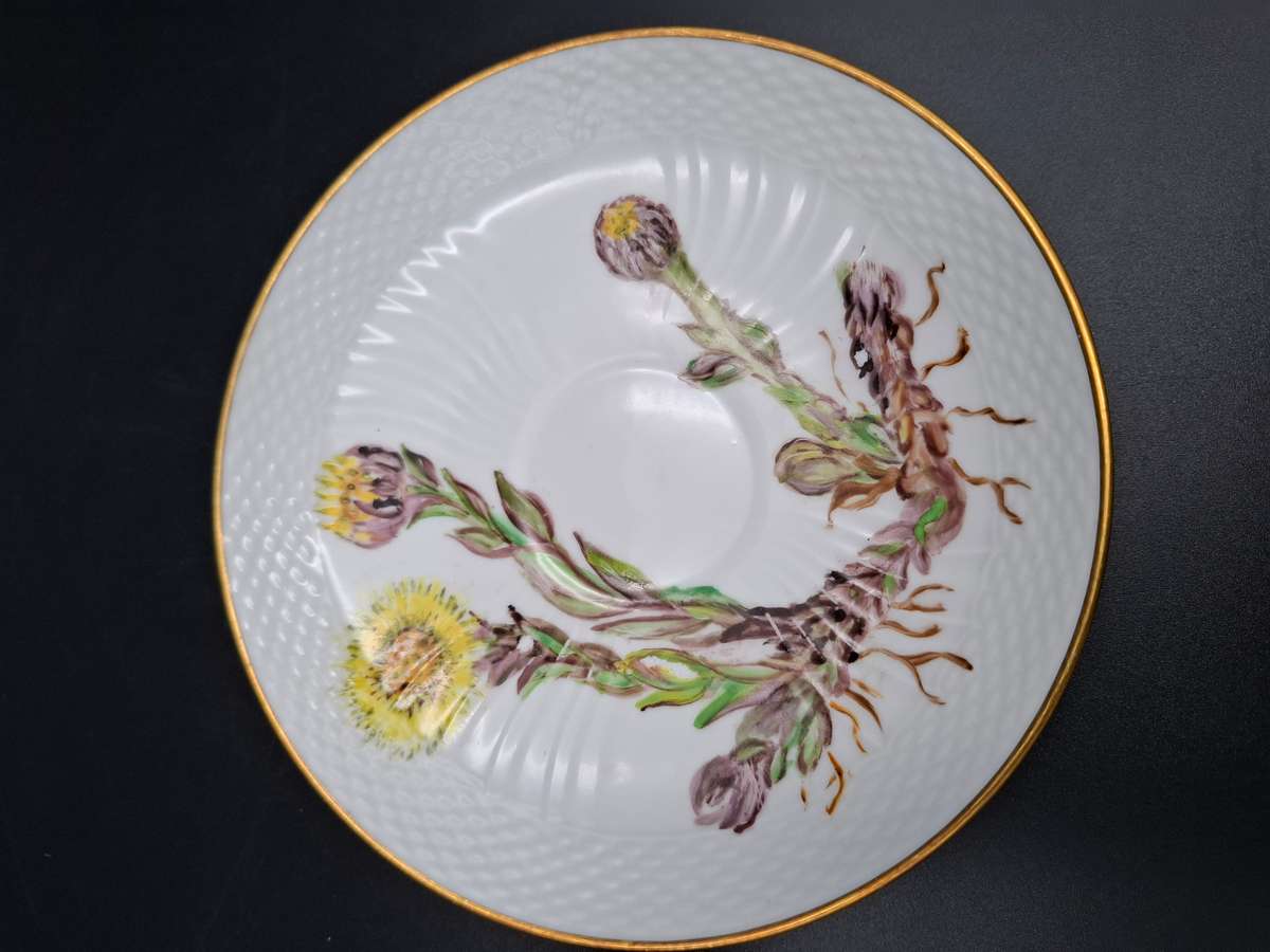Vintage Royal Copenhagen Yellow Flora Danica Hand-Painted Trio with Gilded Rim