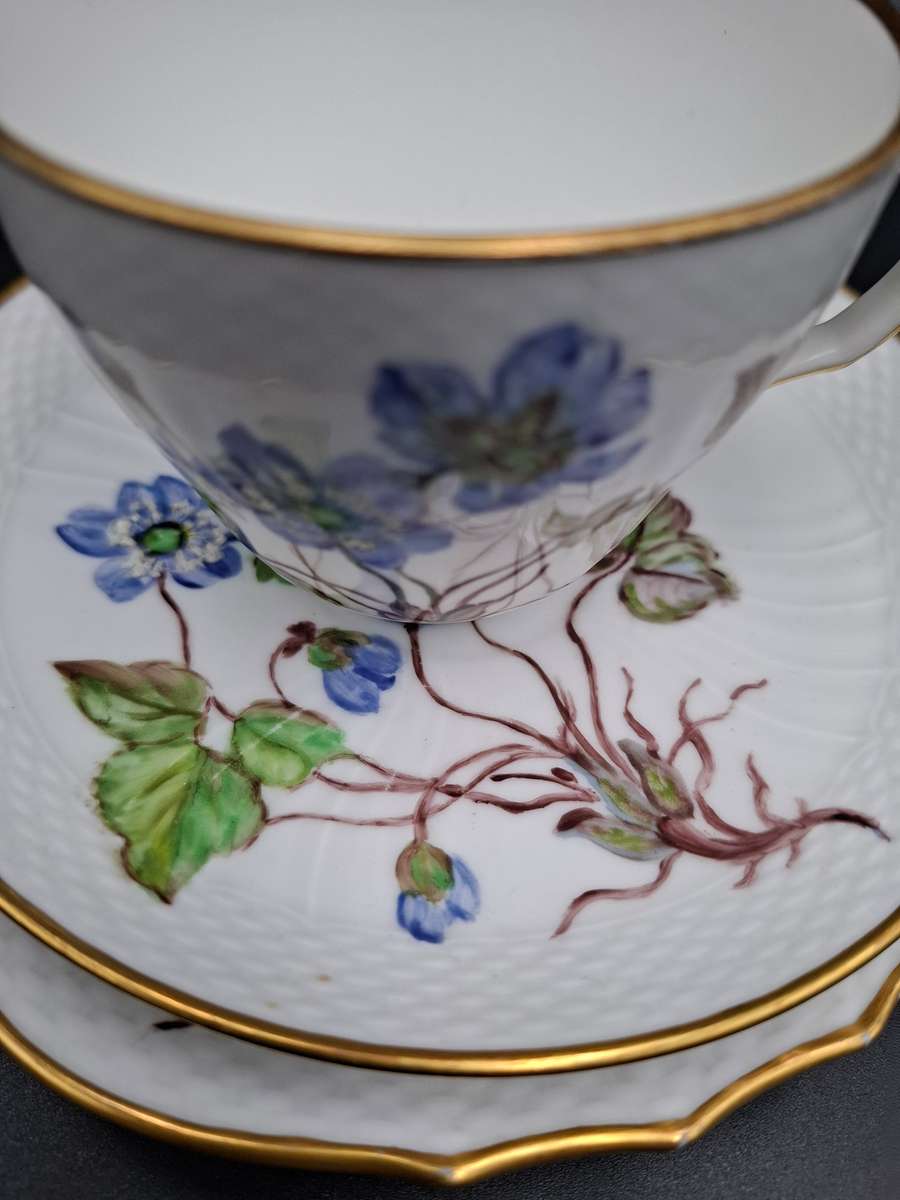 Vintage Royal Copenhagen Blue Flora Danica Hand-Painted Trio with Gild Trim