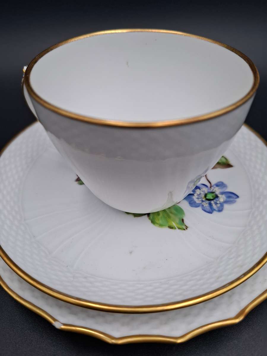 Vintage Royal Copenhagen Blue Flora Danica Hand-Painted Trio with Gild Trim