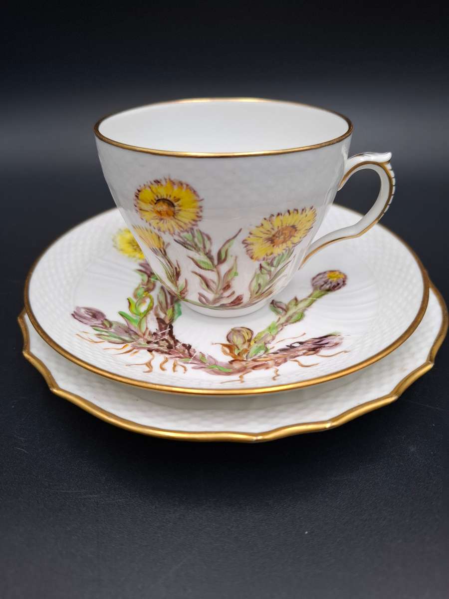 Vintage Royal Copenhagen Yellow Flora Danica Hand-Painted Trio with Gilded Rim