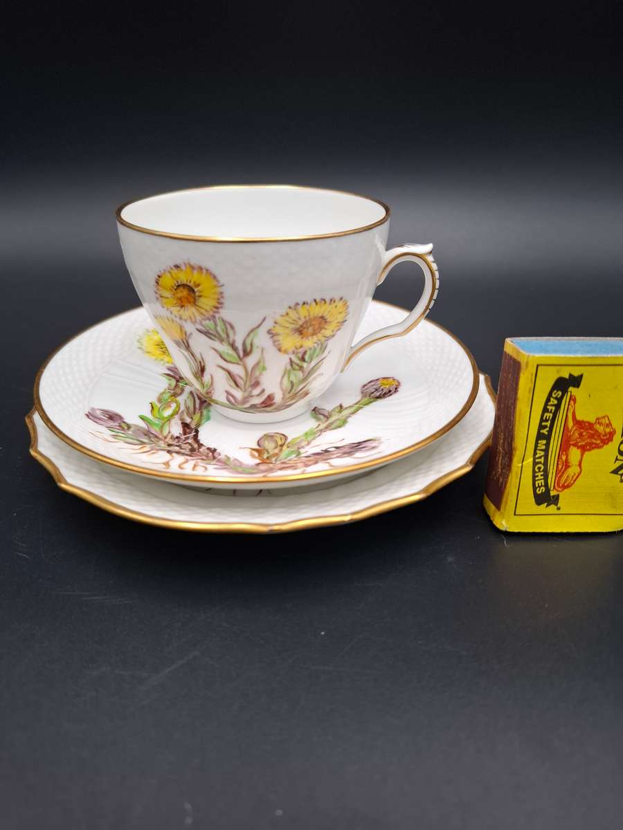 Vintage Royal Copenhagen Yellow Flora Danica Hand-Painted Trio with Gilded Rim