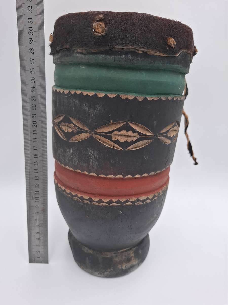 African Drum with stunning Carvings - Small with Rawhide top