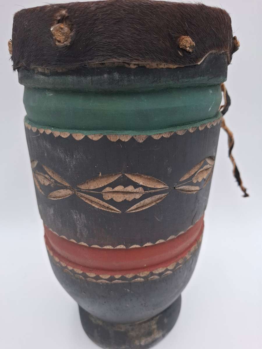 African Drum with stunning Carvings - Small with Rawhide top