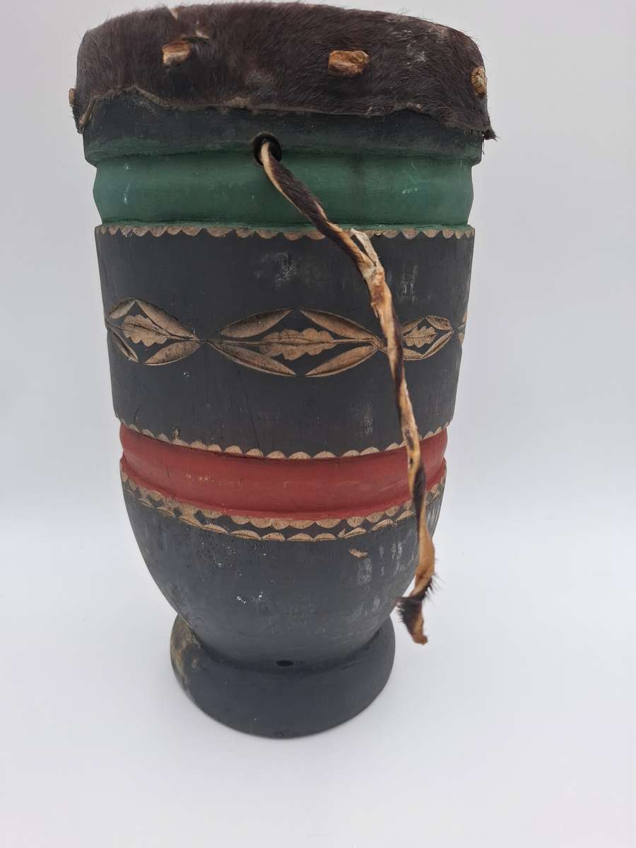 African Drum with stunning Carvings - Small with Rawhide top