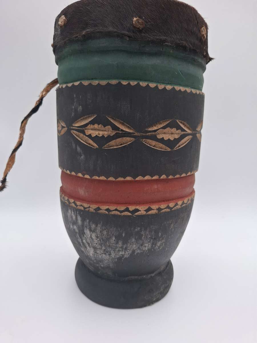 African Drum with stunning Carvings - Small with Rawhide top