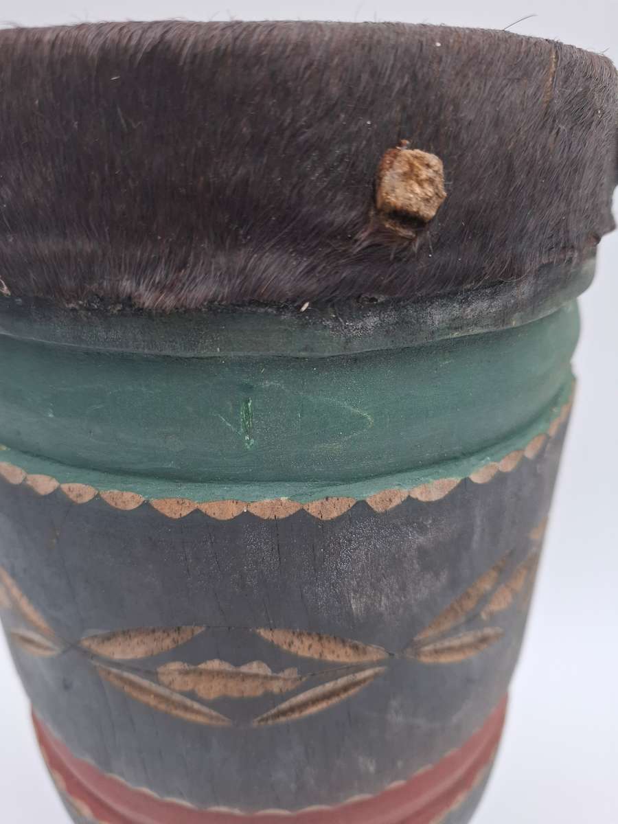 African Drum with stunning Carvings - Small with Rawhide top