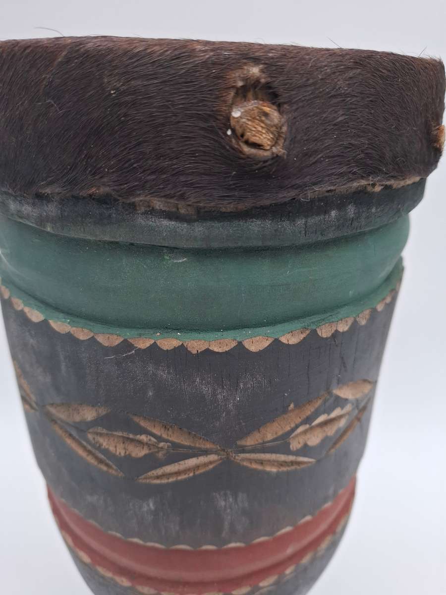 African Drum with stunning Carvings - Small with Rawhide top