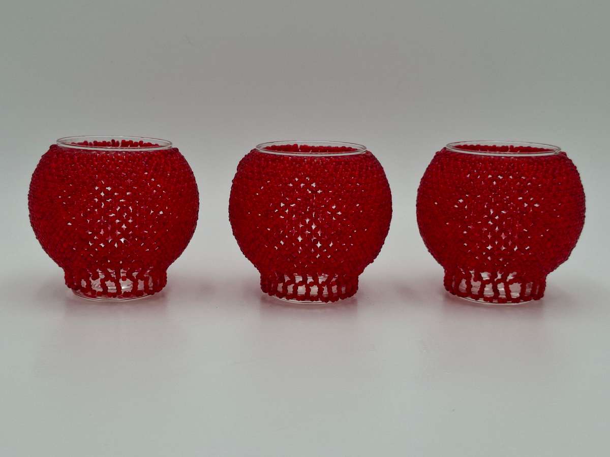 Trio Tealight Glass Candle Holders with Red Beaded jackets - beautiful illumination