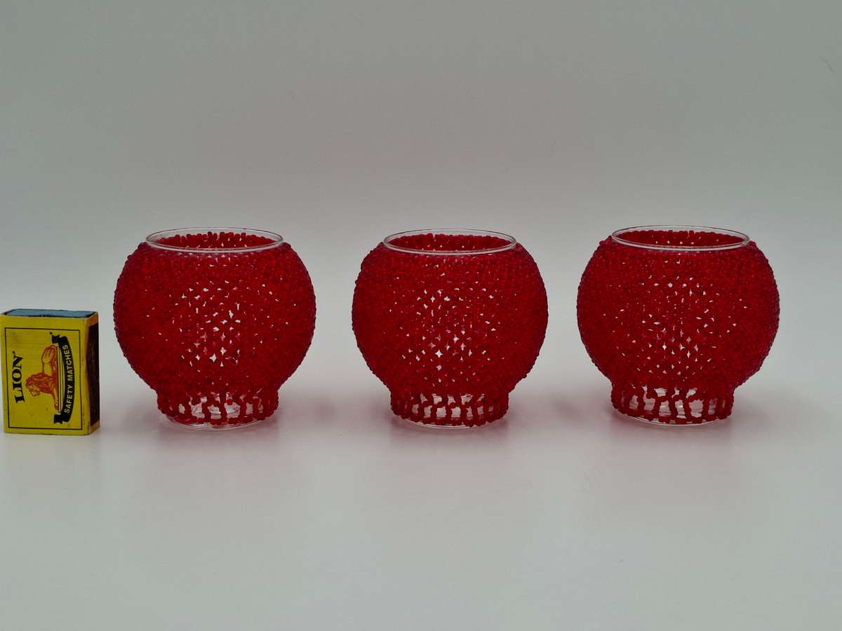 Trio Tealight Glass Candle Holders with Red Beaded jackets - beautiful illumination