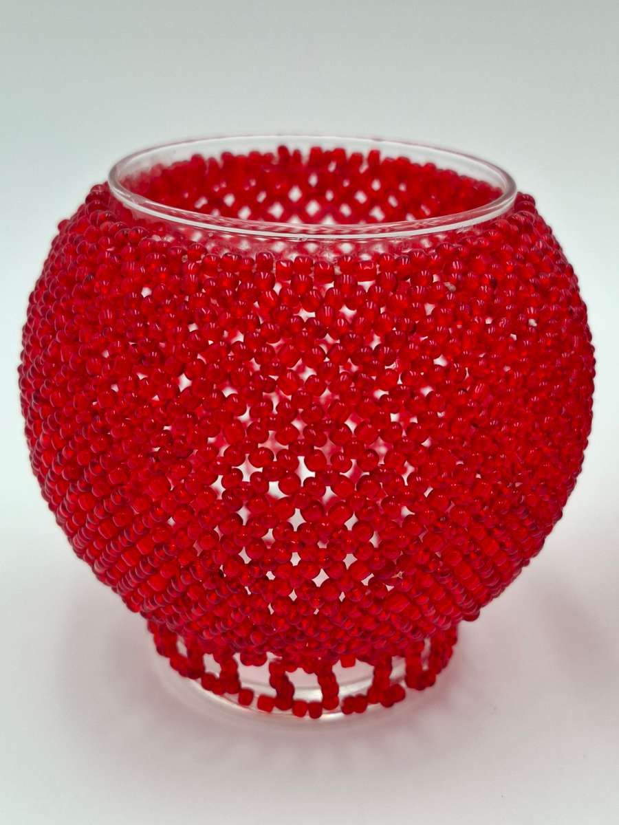 Trio Tealight Glass Candle Holders with Red Beaded jackets - beautiful illumination
