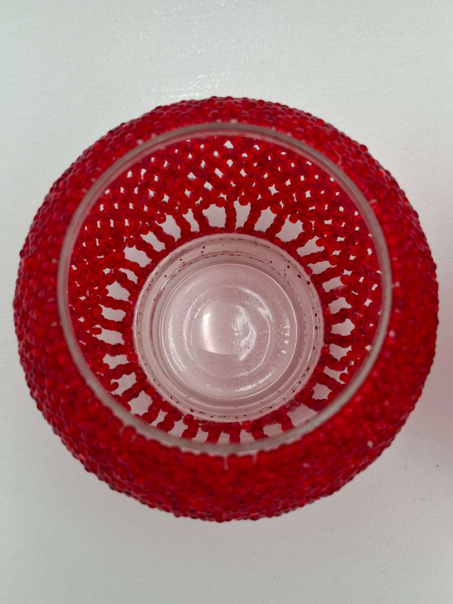 Trio Tealight Glass Candle Holders with Red Beaded jackets - beautiful illumination
