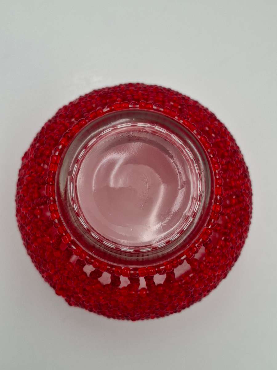 Trio Tealight Glass Candle Holders with Red Beaded jackets - beautiful illumination