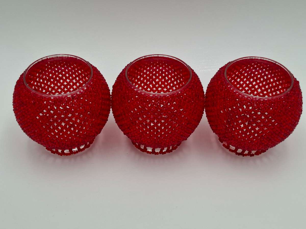 Trio Tealight Glass Candle Holders with Red Beaded jackets - beautiful illumination