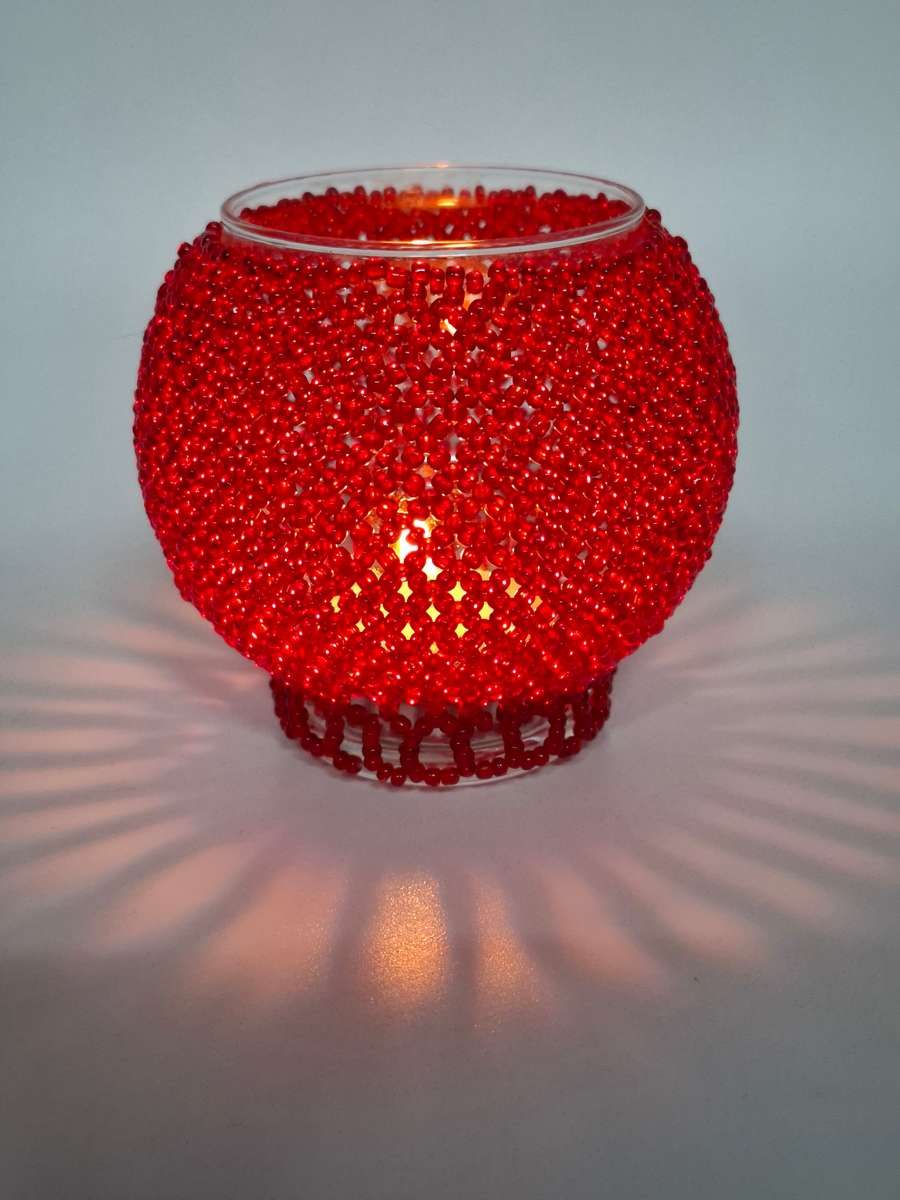 Trio Tealight Glass Candle Holders with Red Beaded jackets - beautiful illumination