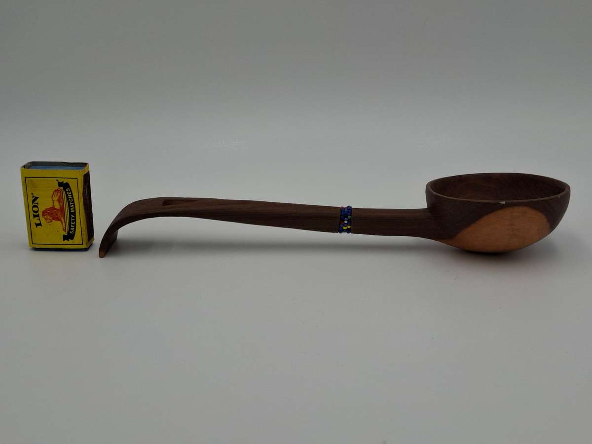 African Wooden Carved Serving Spoon with Beaded Handle