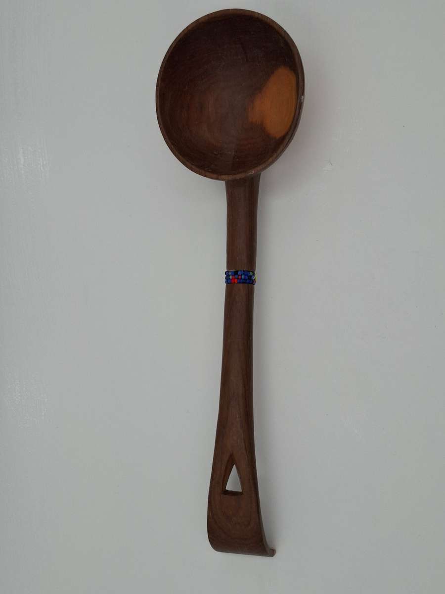 African Wooden Carved Serving Spoon with Beaded Handle
