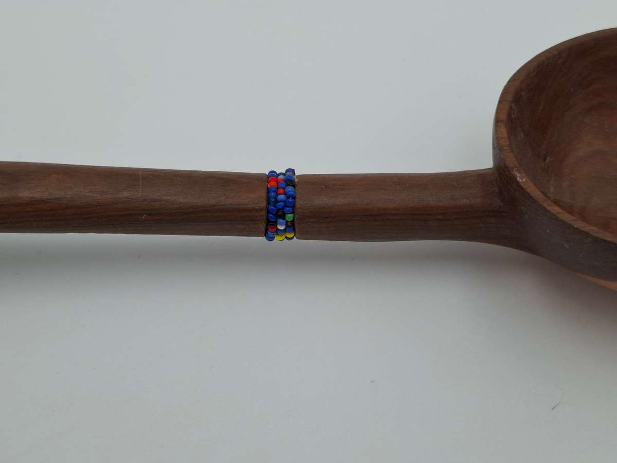 African Wooden Carved Serving Spoon with Beaded Handle