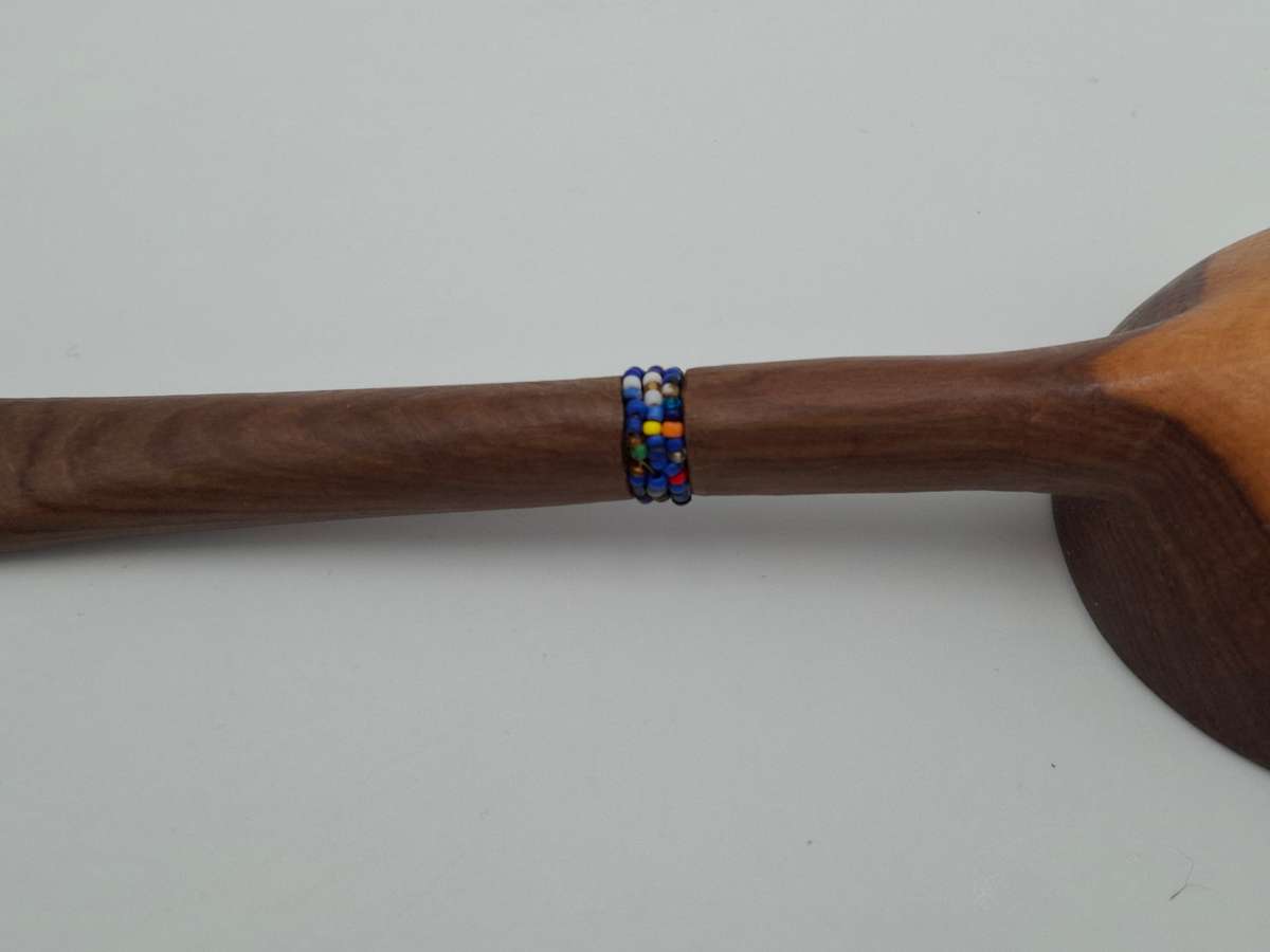 African Wooden Carved Serving Spoon with Beaded Handle