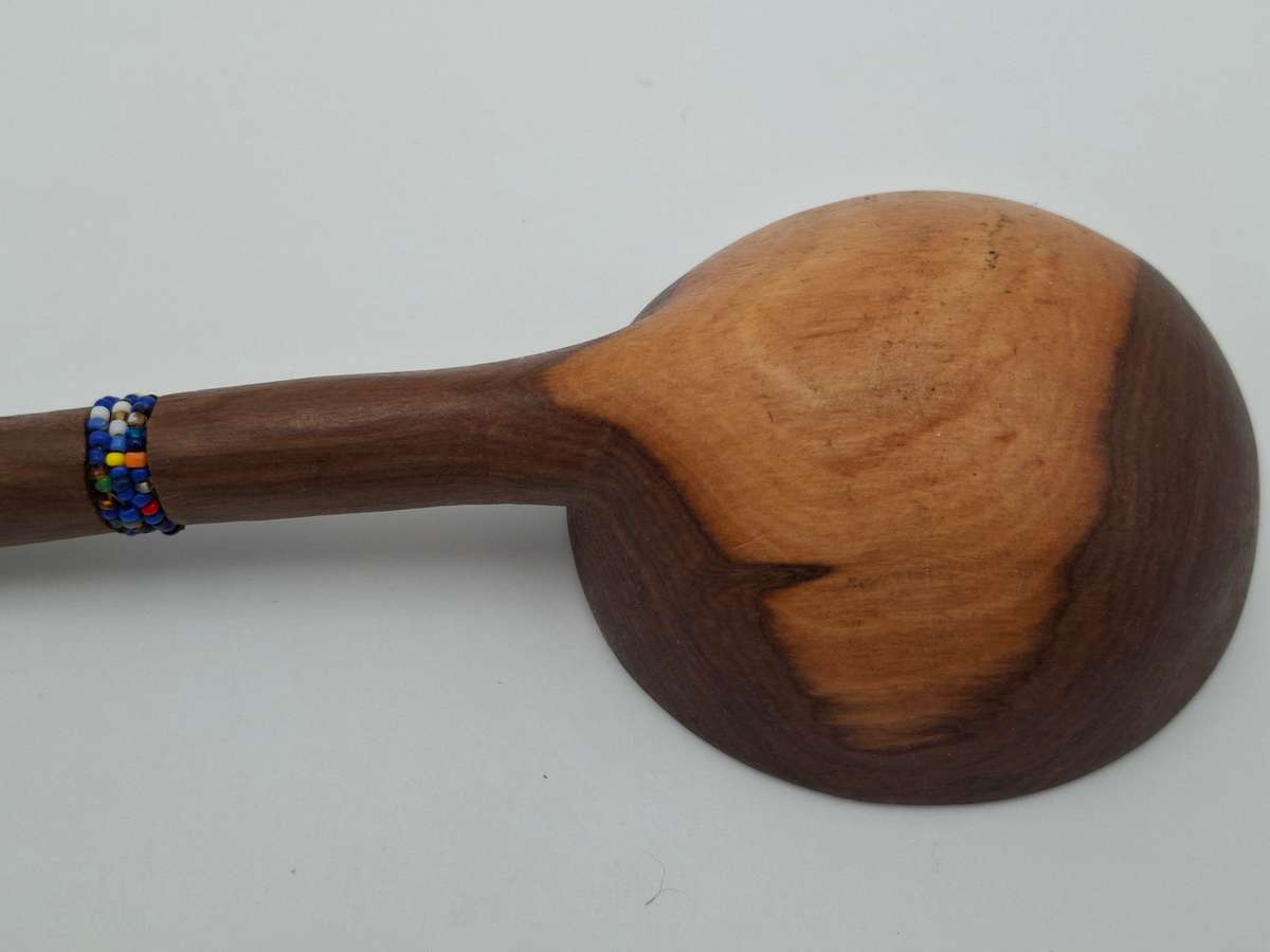 African Wooden Carved Serving Spoon with Beaded Handle