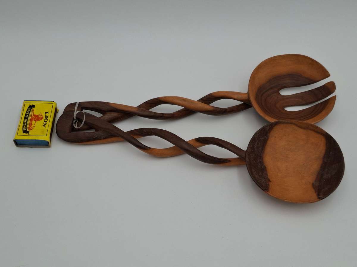 African Wooden Carved Salad Spoon Set - spiraled handles - beautiful colour