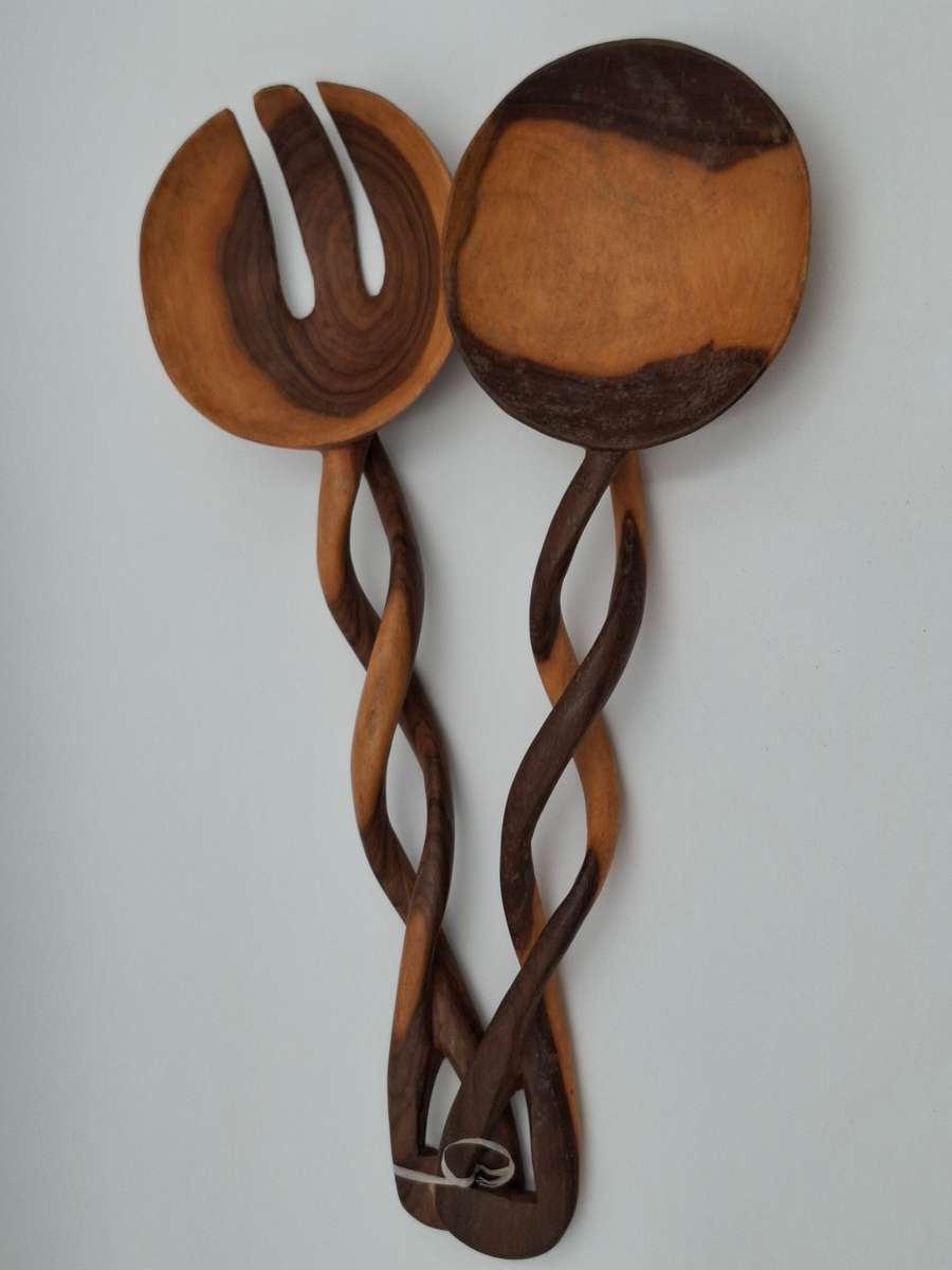 African Wooden Carved Salad Spoon Set - spiraled handles - beautiful colour