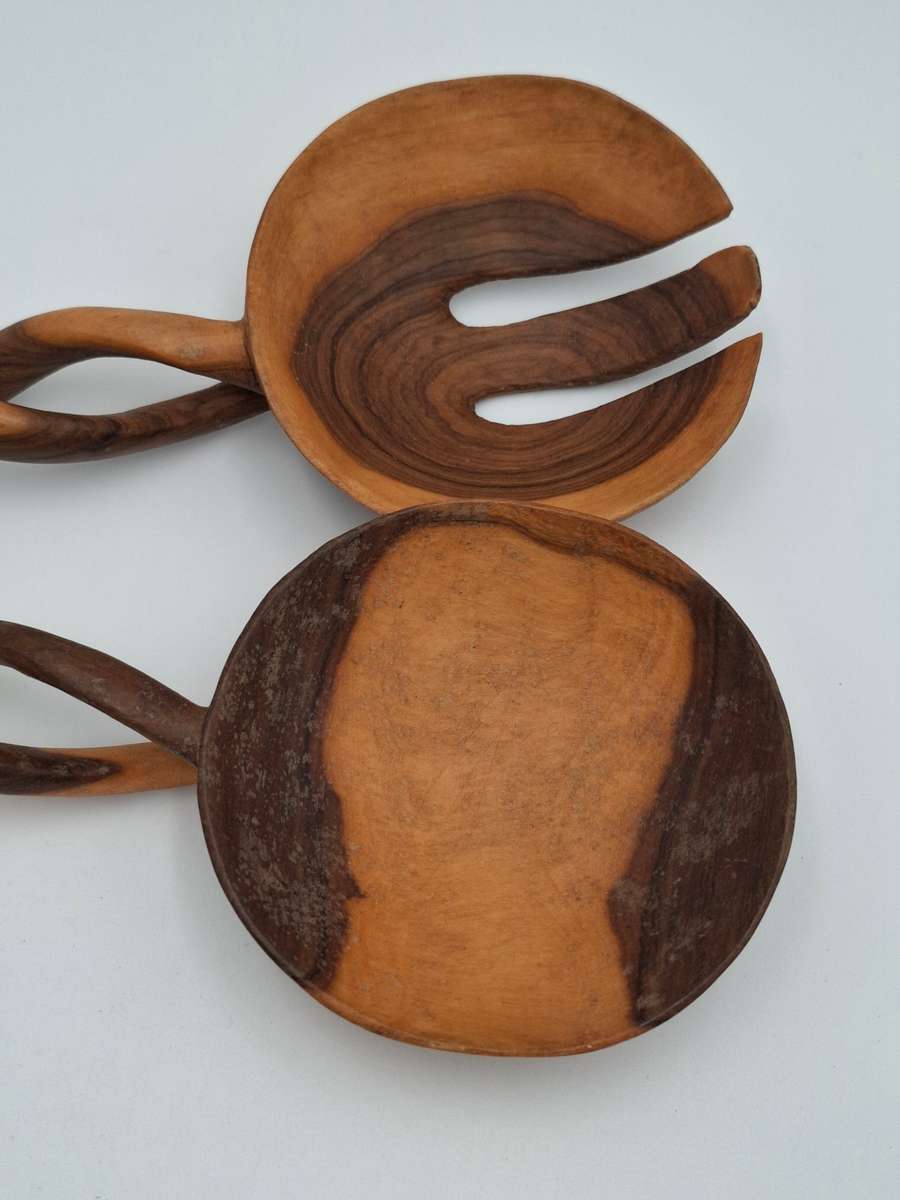 African Wooden Carved Salad Spoon Set - spiraled handles - beautiful colour