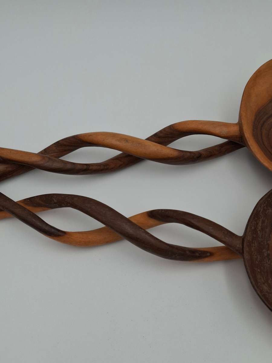 African Wooden Carved Salad Spoon Set - spiraled handles - beautiful colour