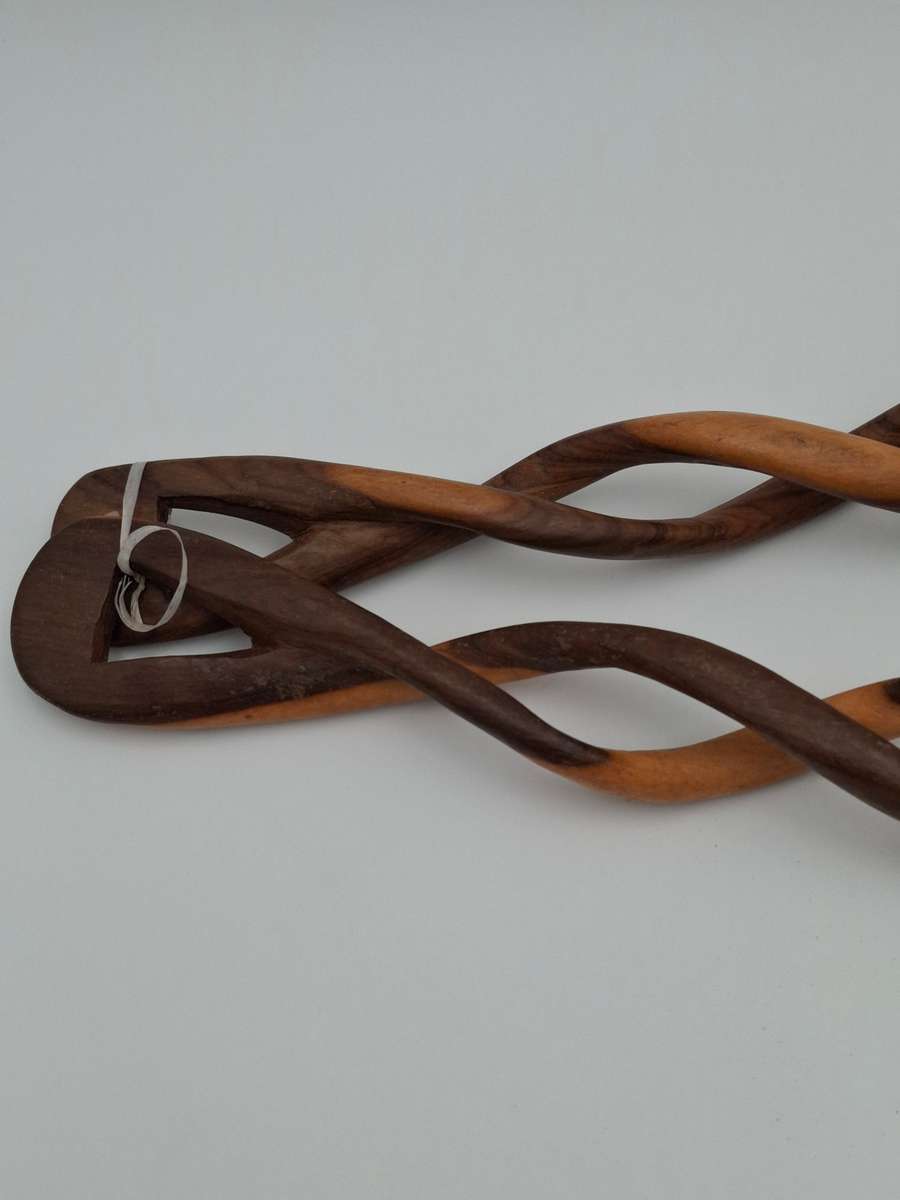 African Wooden Carved Salad Spoon Set - spiraled handles - beautiful colour