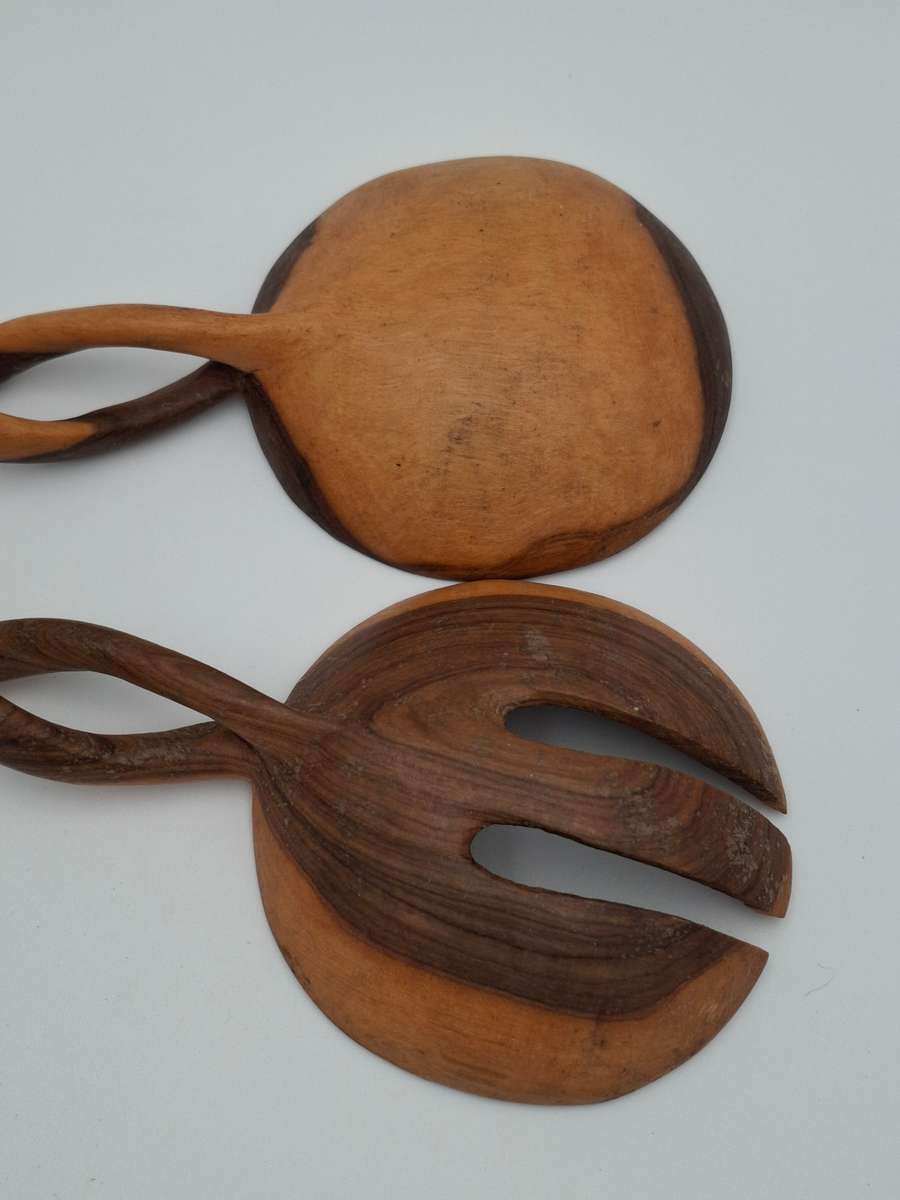 African Wooden Carved Salad Spoon Set - spiraled handles - beautiful colour
