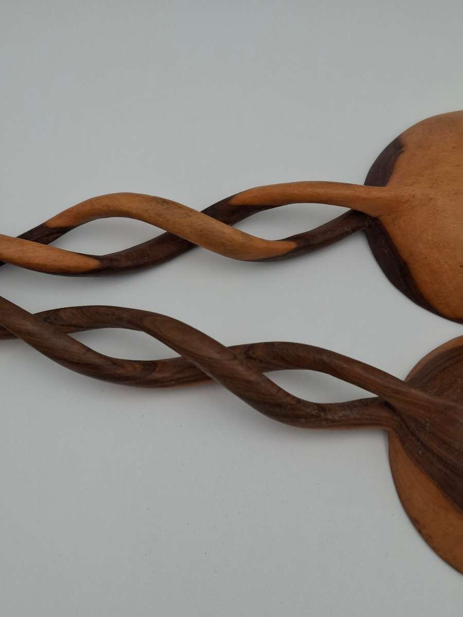African Wooden Carved Salad Spoon Set - spiraled handles - beautiful colour