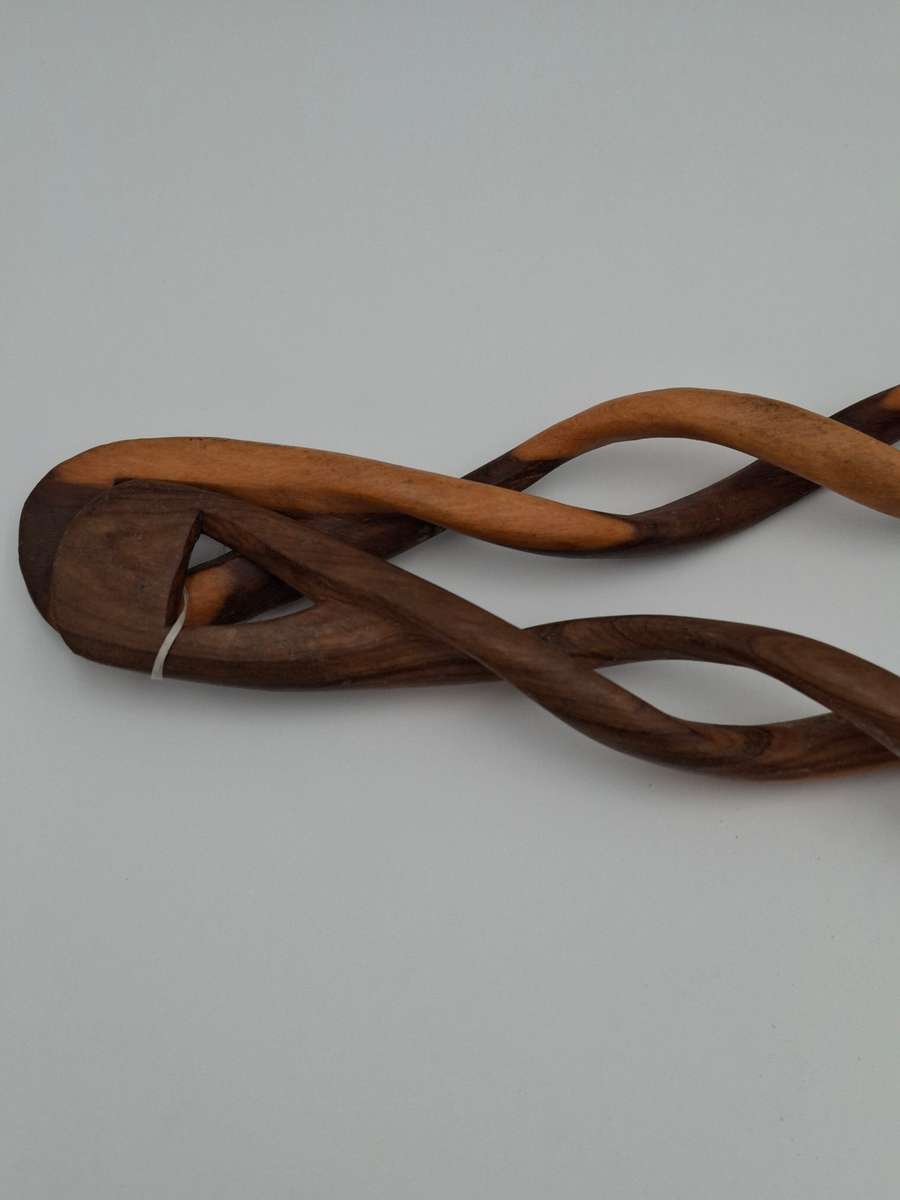 African Wooden Carved Salad Spoon Set - spiraled handles - beautiful colour