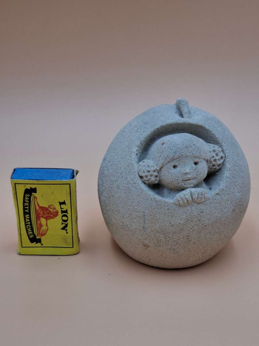 Vintage Marbell Stone Art Ornament Paperweight - Girl with Buns in Apple - Belgium Sandstone