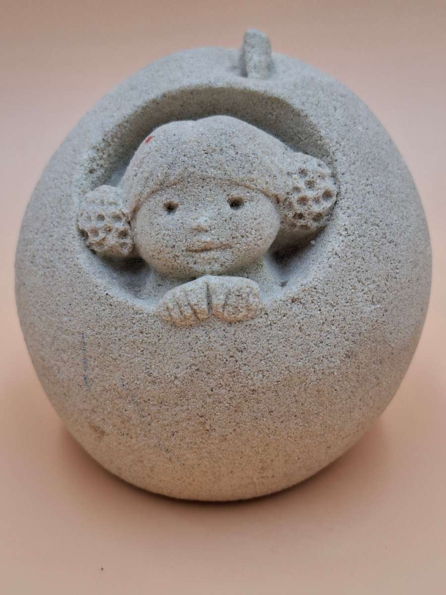 Vintage Marbell Stone Art Ornament Paperweight - Girl with Buns in Apple - Belgium Sandstone