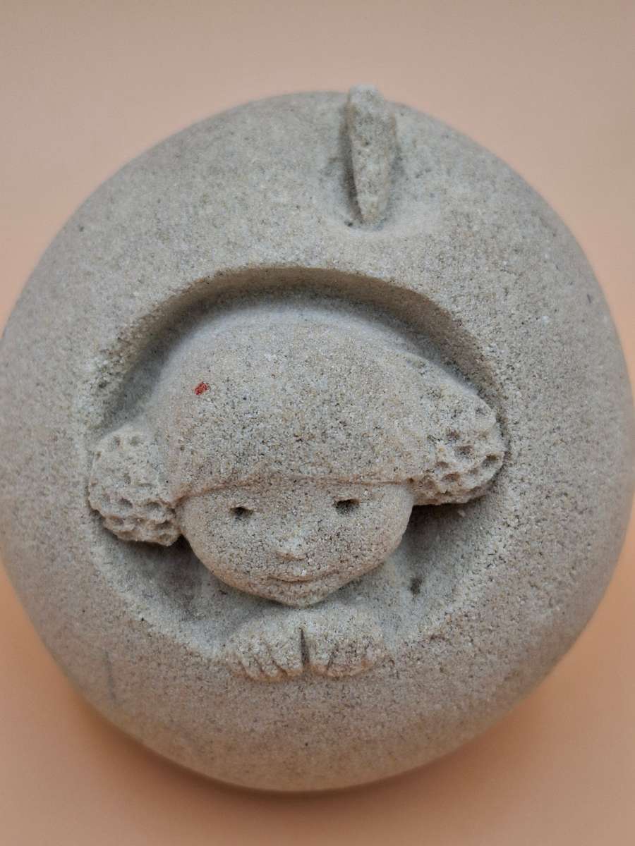 Vintage Marbell Stone Art Ornament Paperweight - Girl with Buns in Apple - Belgium Sandstone