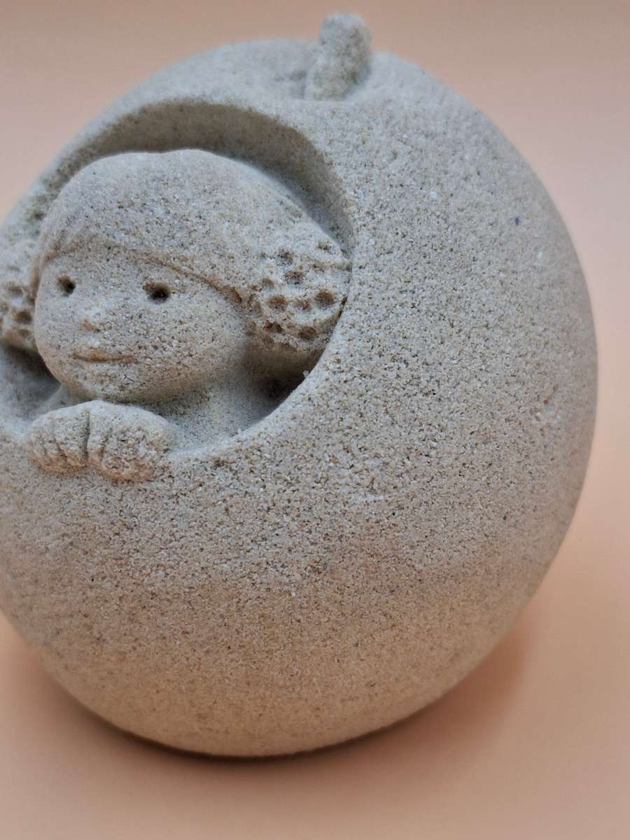 Vintage Marbell Stone Art Ornament Paperweight - Girl with Buns in Apple - Belgium Sandstone
