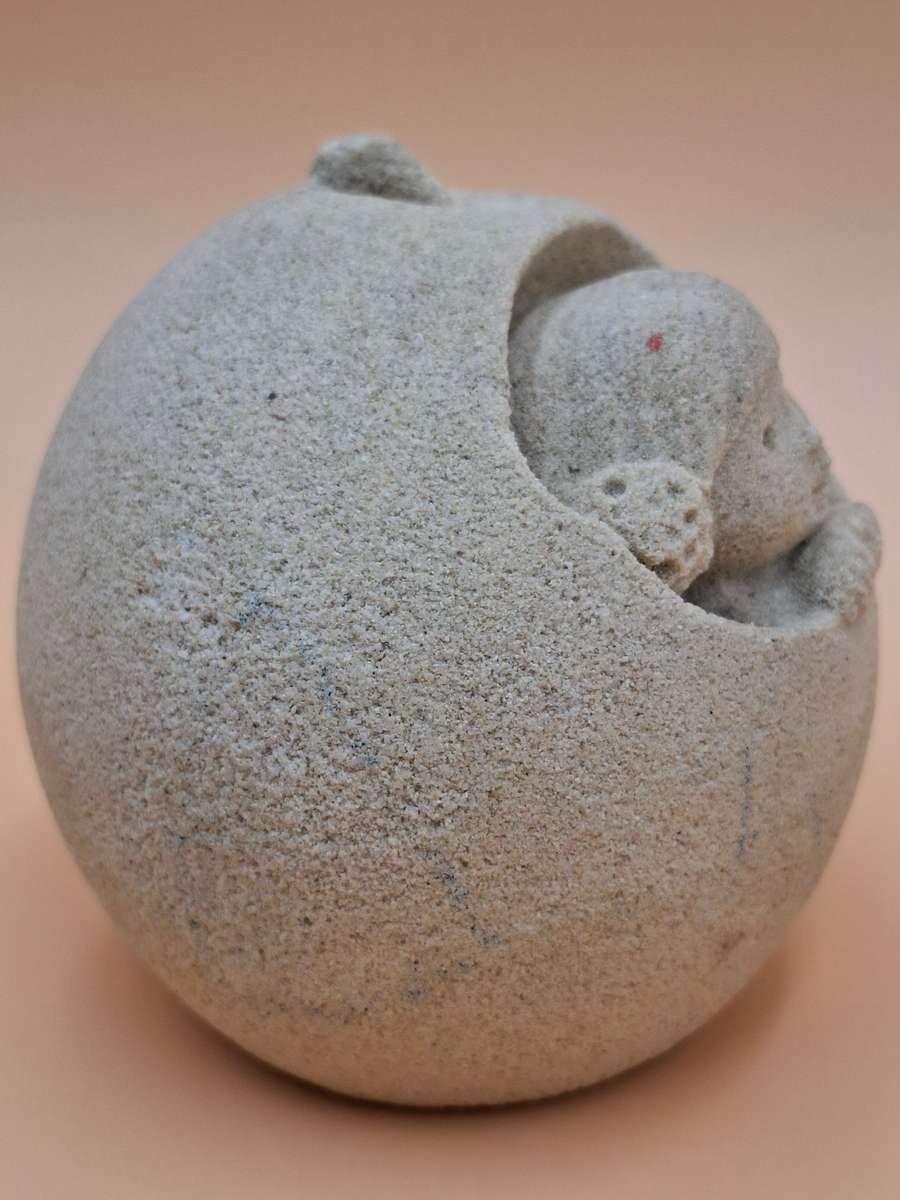 Vintage Marbell Stone Art Ornament Paperweight - Girl with Buns in Apple - Belgium Sandstone