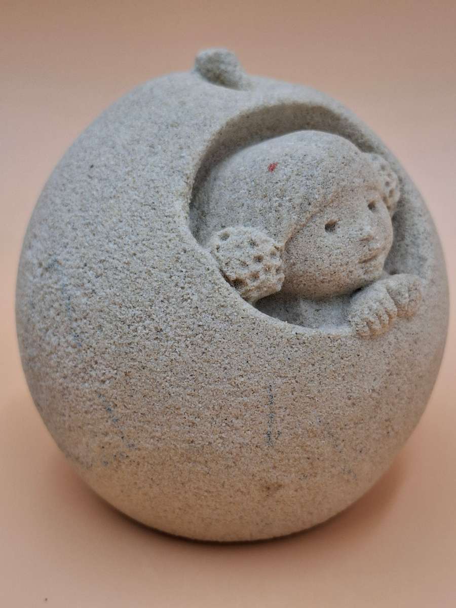 Vintage Marbell Stone Art Ornament Paperweight - Girl with Buns in Apple - Belgium Sandstone