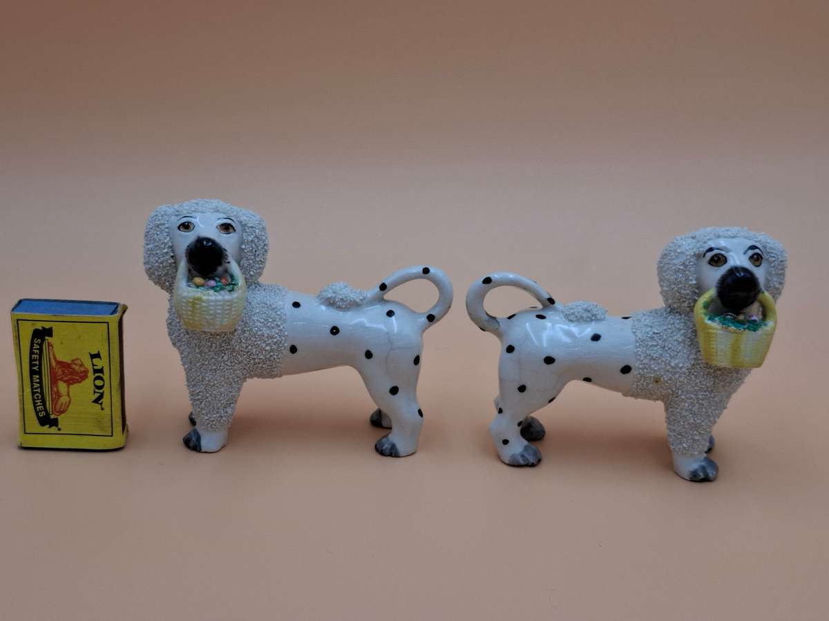 Antique Old Staffordshire Ware Confetti Spaniel Dog Pair figurines