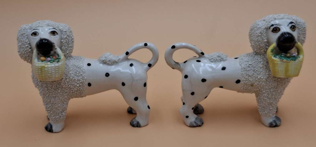 Antique Old Staffordshire Ware Confetti Spaniel Dog Pair figurines