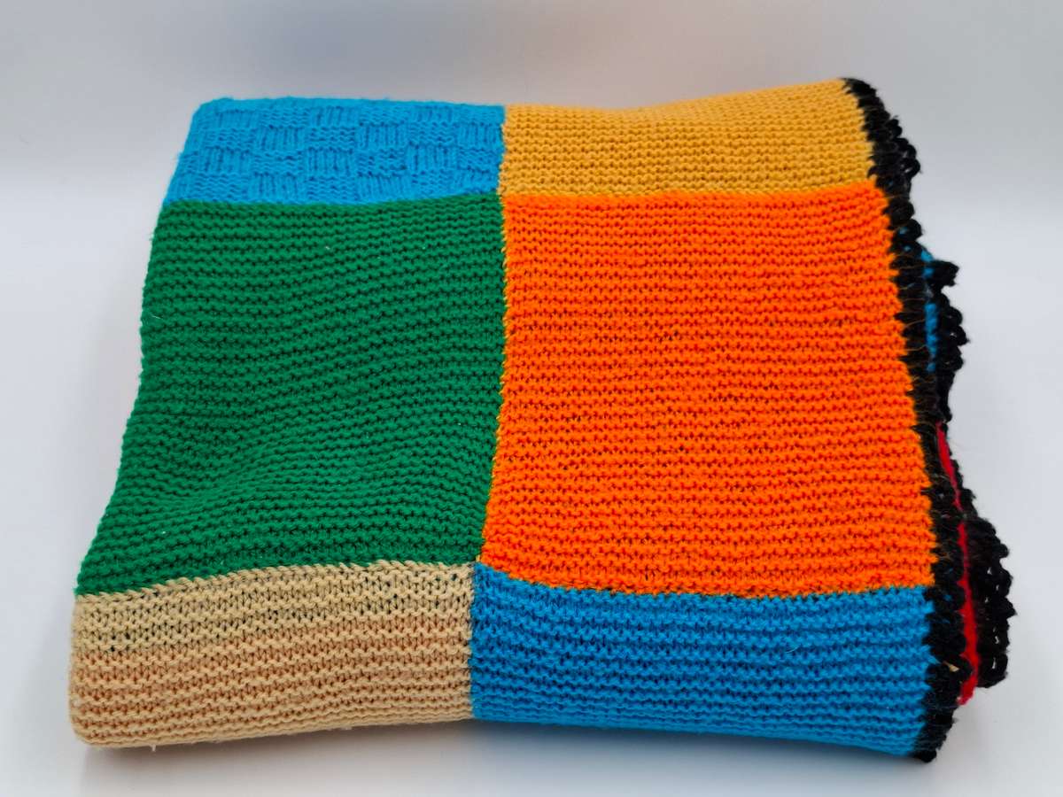 Vintage Bright Coloured Block Pattern Wool Knitted Blanket - 200 x 130