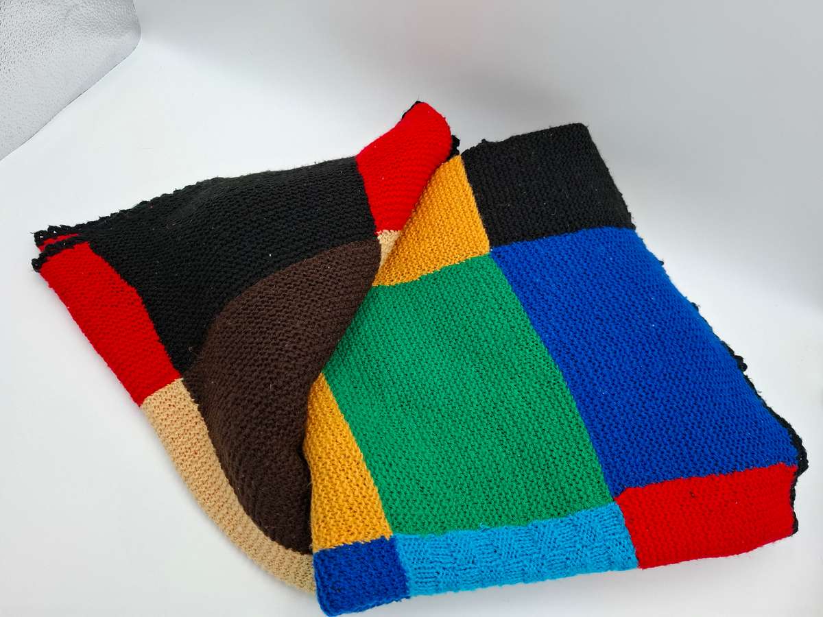 Vintage Bright Coloured Block Pattern Wool Knitted Blanket - 200 x 130