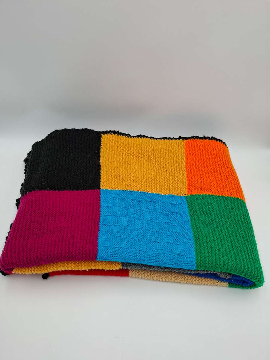 Vintage Bright Coloured Block Pattern Wool Knitted Blanket - 200 x 130