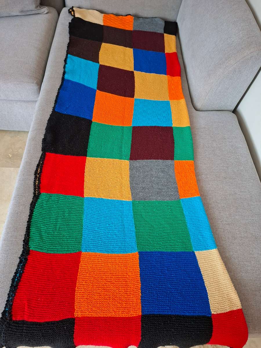 Vintage Bright Coloured Block Pattern Wool Knitted Blanket - 200 x 130