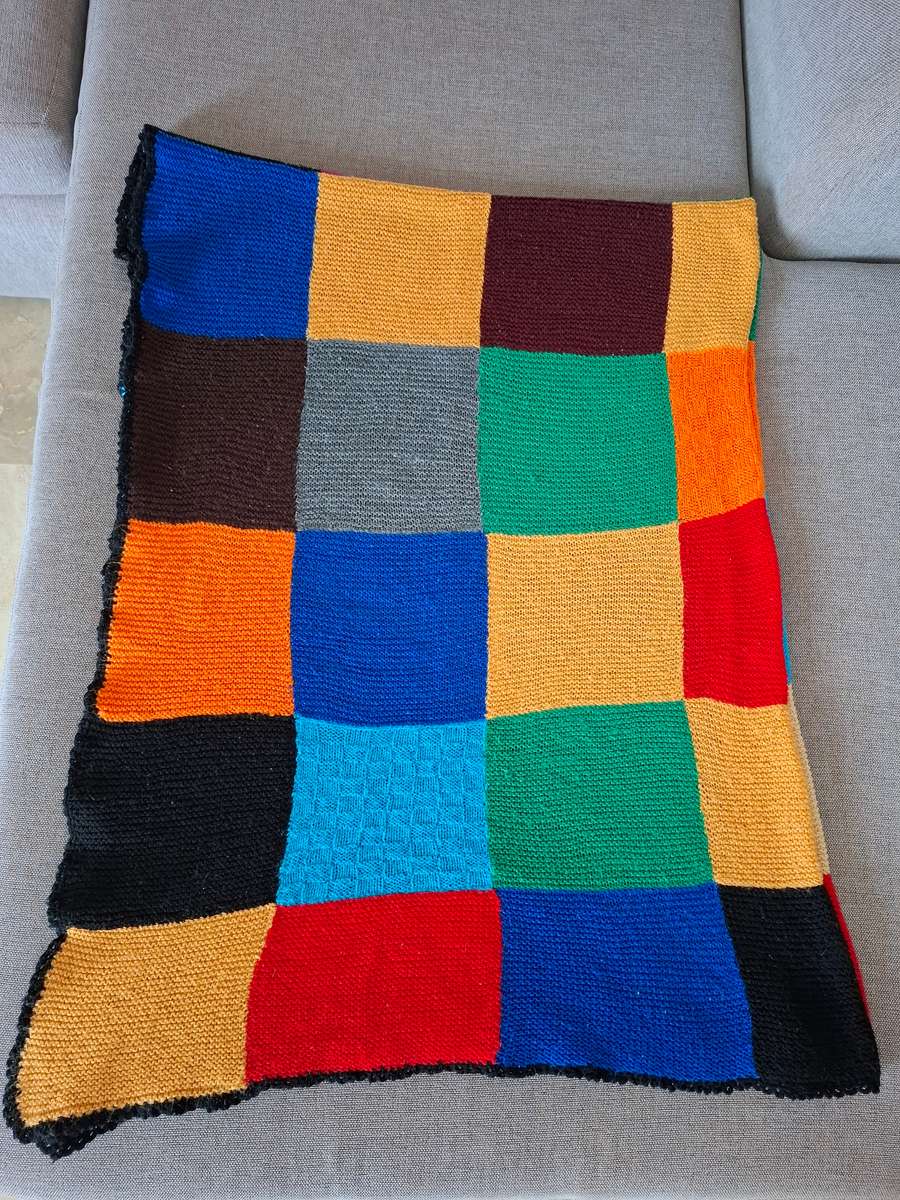 Vintage Bright Coloured Block Pattern Wool Knitted Blanket - 200 x 130